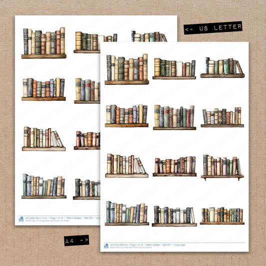 A4 and US Letter format comparison showing Vintage Book Shelf fussy cut pages for print and cut crafting