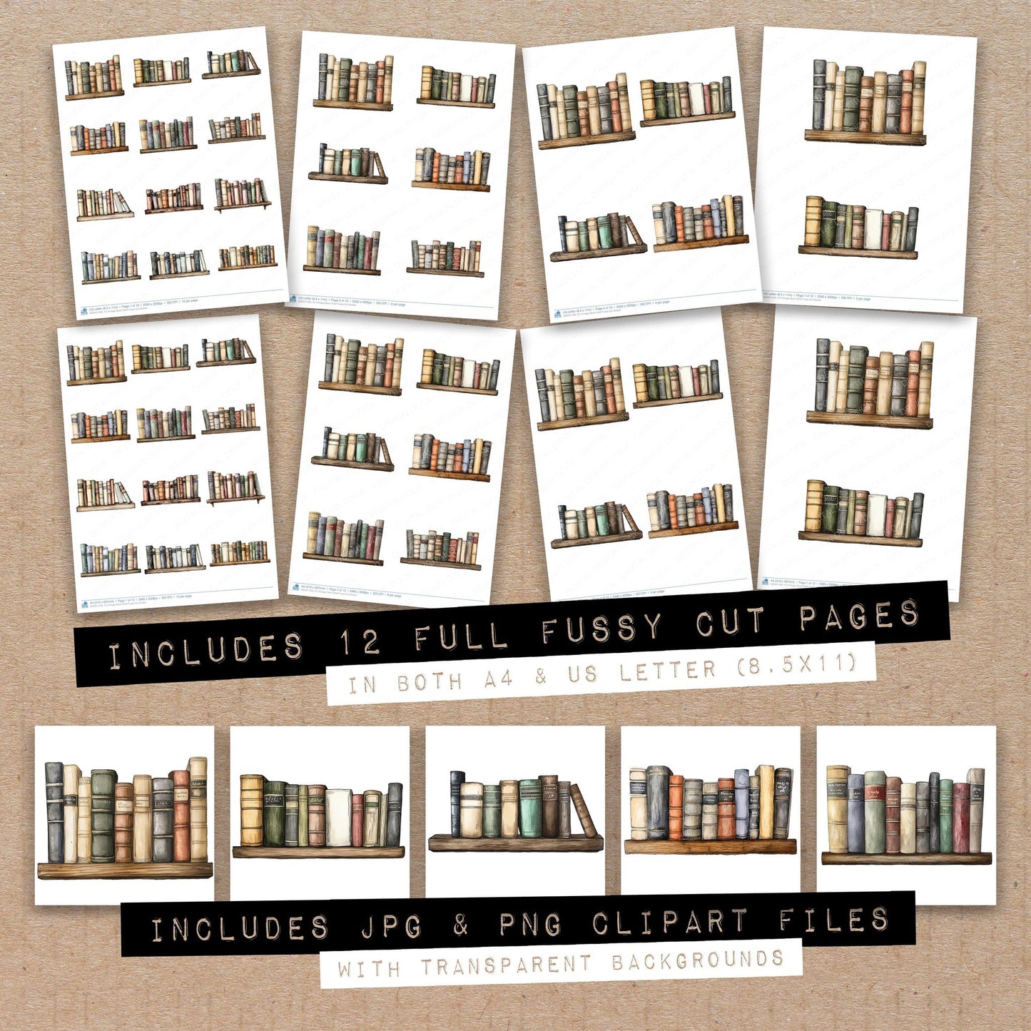 Full collection view of Vintage Book Shelf fussy cut sheets with bonus clipart JPG and PNG files