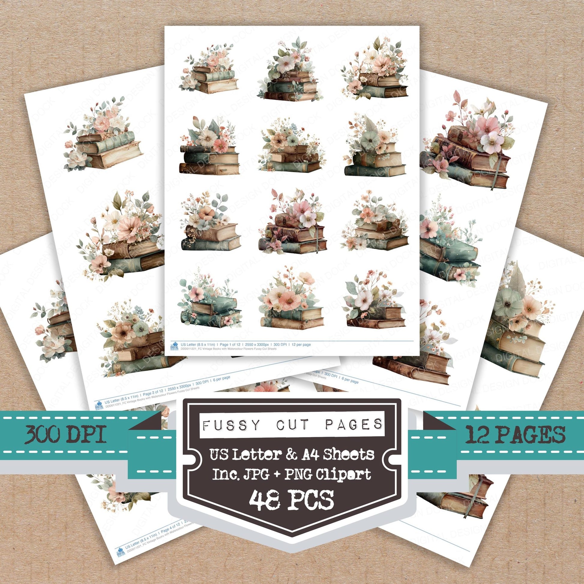 Vintage Books with Watercolour Flowers fussy cut printable sheets for junk journaling, scrapbooking, and paper craft projects