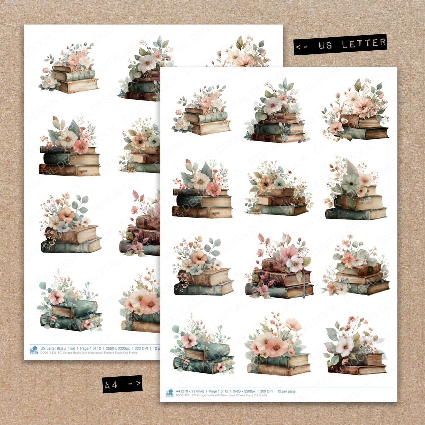 A4 and US Letter format comparison showing Vintage Books with Watercolour Flowers fussy cut pages for print and cut crafting