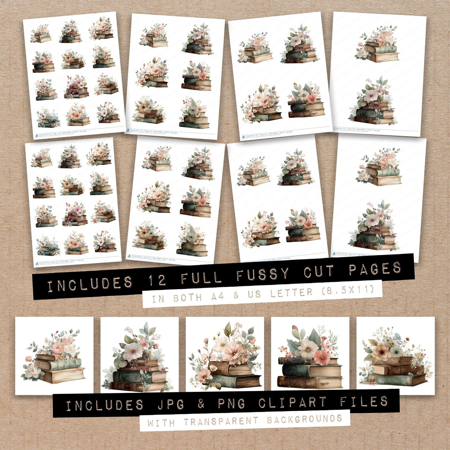Full collection view of Vintage Books with Watercolour Flowers fussy cut sheets with bonus clipart JPG and PNG files
