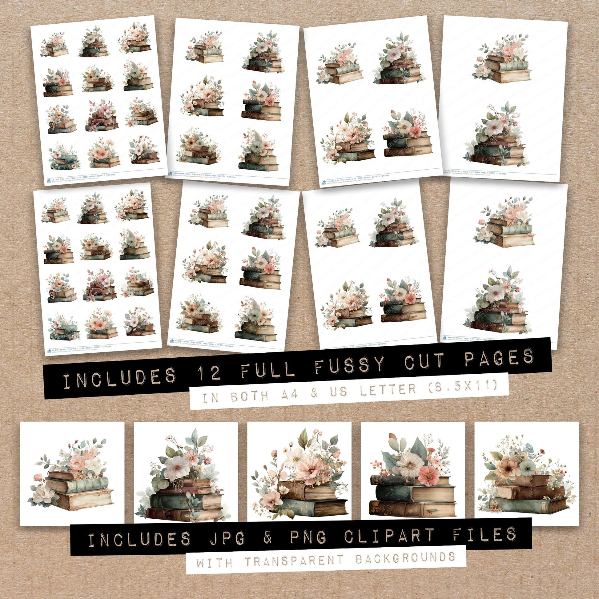 Full collection view of Vintage Books with Watercolour Flowers fussy cut sheets with bonus clipart JPG and PNG files