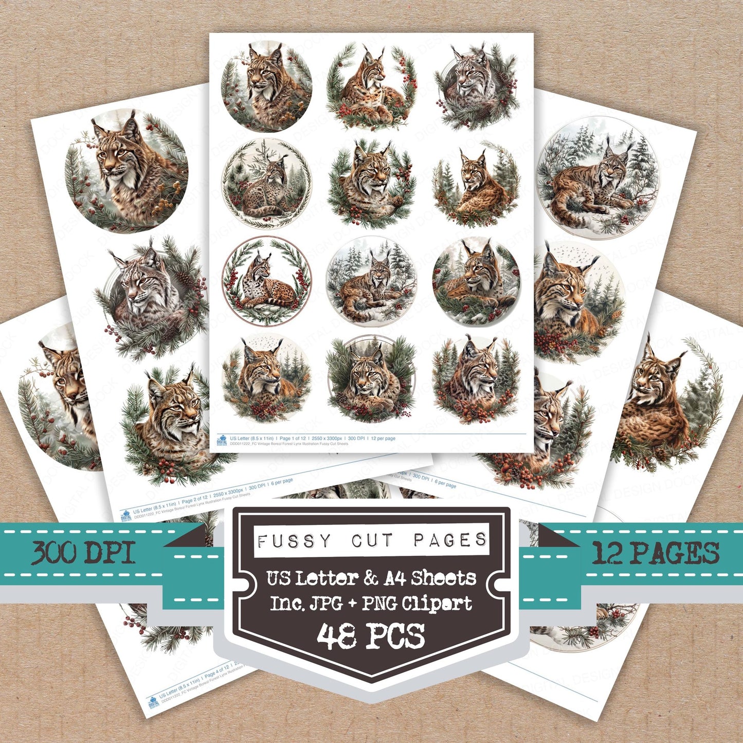 Vintage Boreal Forest Lynx Illustration fussy cut printable sheets for junk journaling, scrapbooking, and paper craft projects