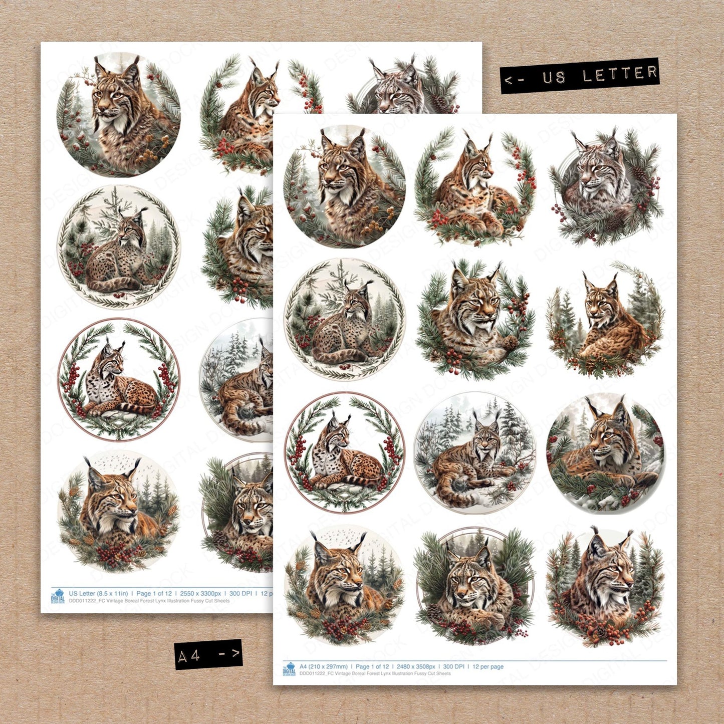 A4 and US Letter format comparison showing Vintage Boreal Forest Lynx Illustration fussy cut pages for print and cut crafting