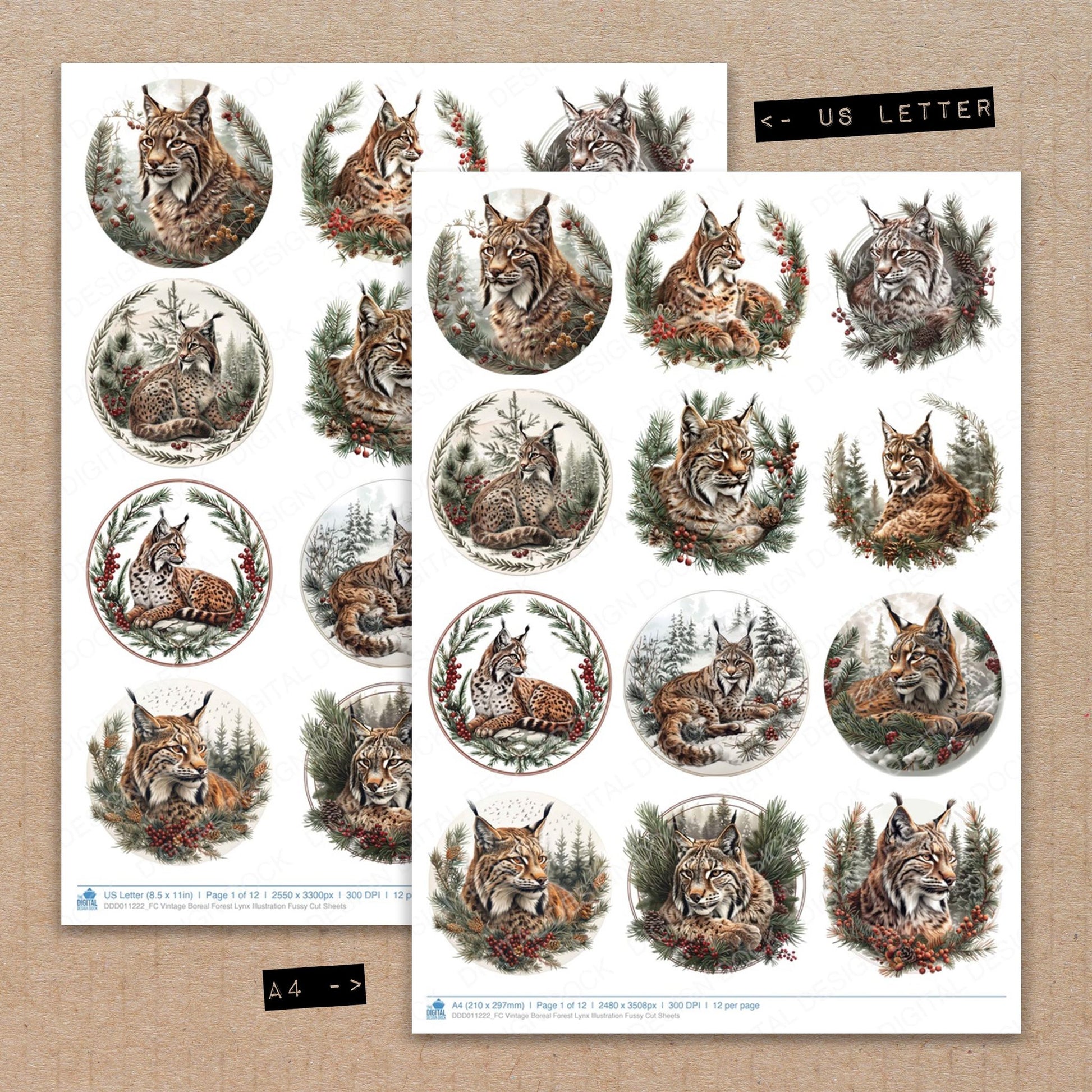 A4 and US Letter format comparison showing Vintage Boreal Forest Lynx Illustration fussy cut pages for print and cut crafting