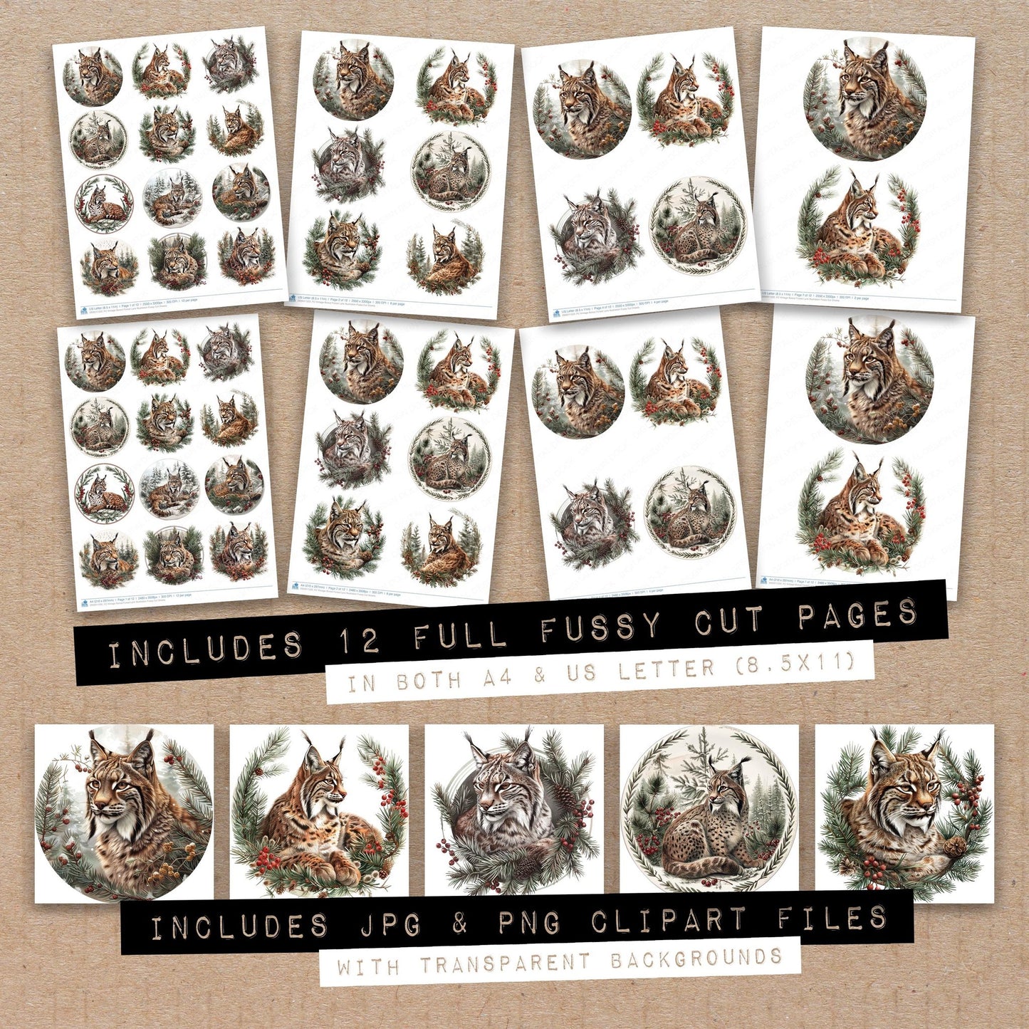 Full collection view of Vintage Boreal Forest Lynx Illustration fussy cut sheets with bonus clipart JPG and PNG files