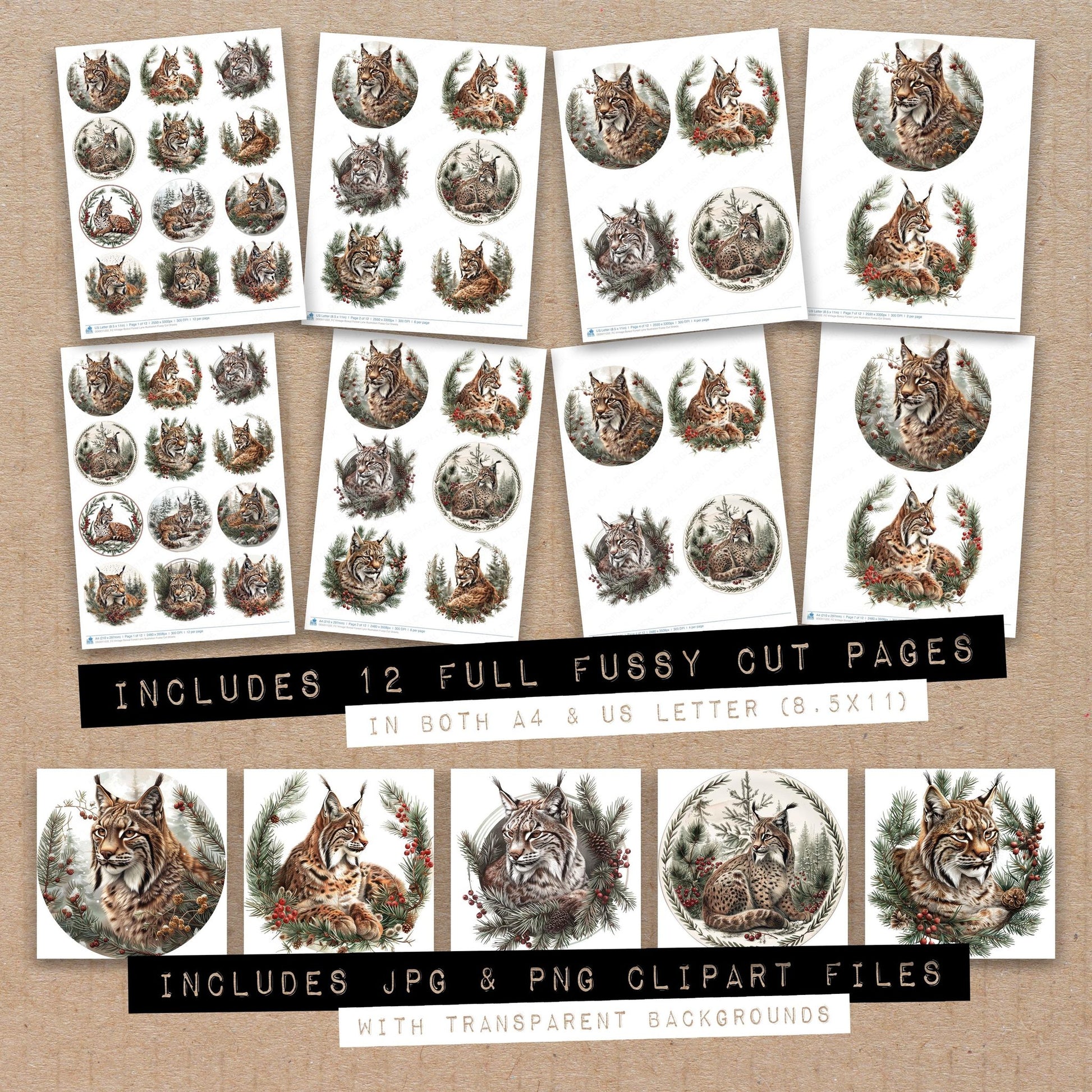 Full collection view of Vintage Boreal Forest Lynx Illustration fussy cut sheets with bonus clipart JPG and PNG files