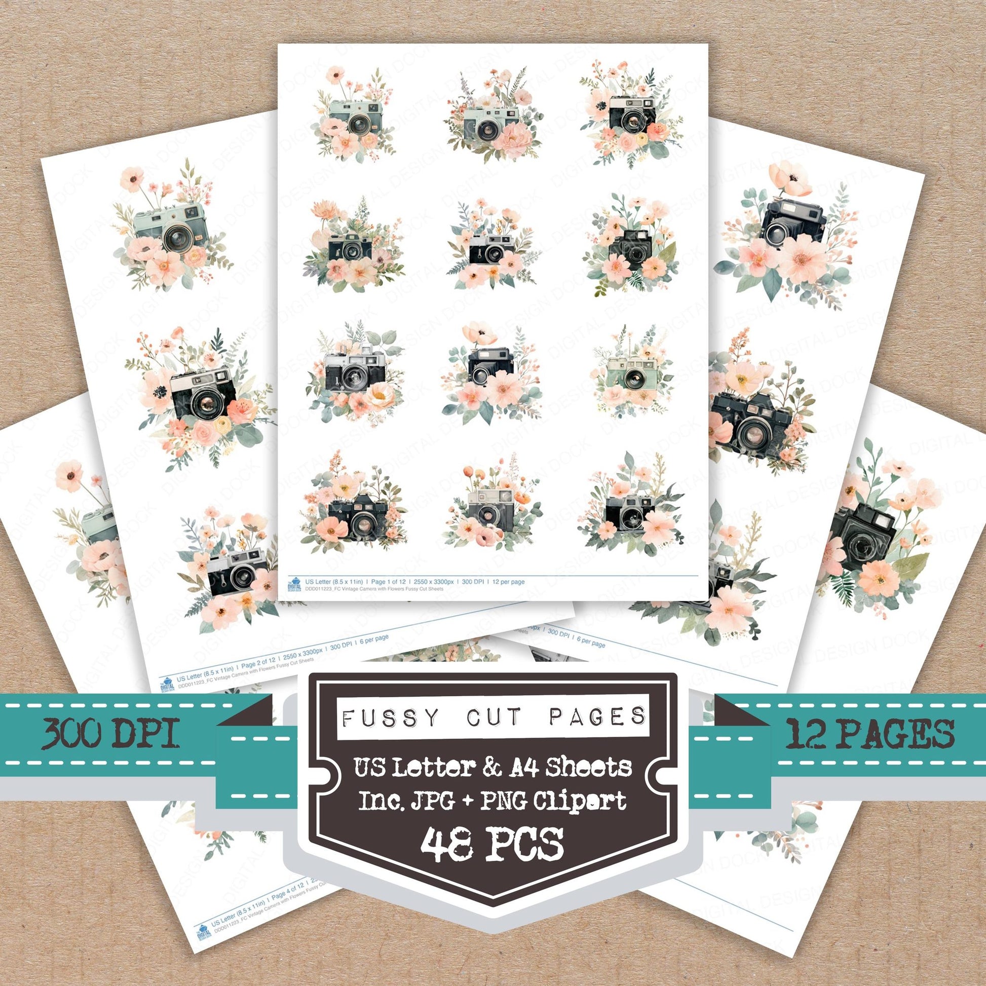 Vintage Camera with Flowers fussy cut printable sheets for junk journaling, scrapbooking, and paper craft projects
