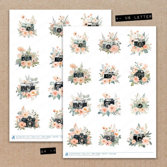 A4 and US Letter format comparison showing Vintage Camera with Flowers fussy cut pages for print and cut crafting