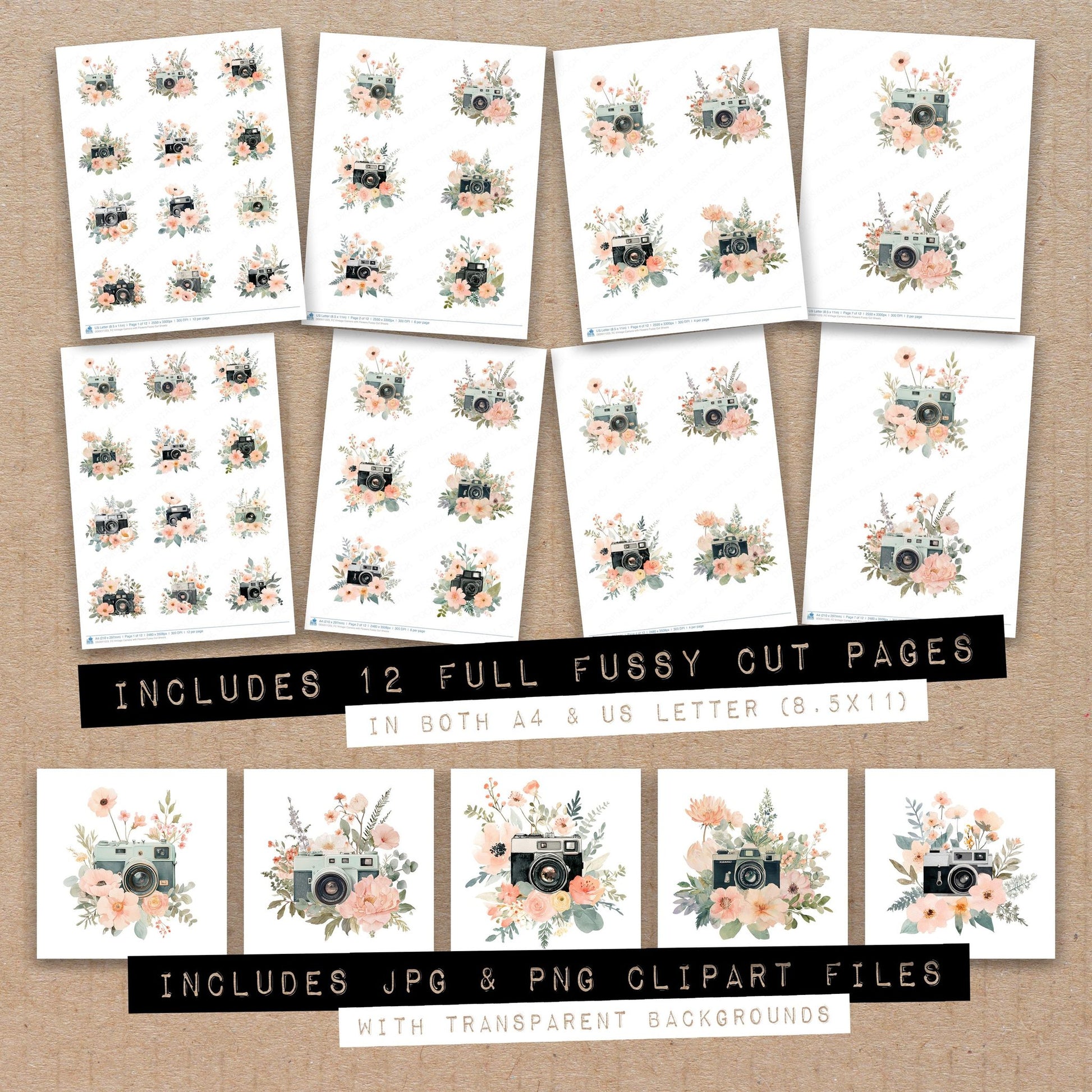 Full collection view of Vintage Camera with Flowers fussy cut sheets with bonus clipart JPG and PNG files