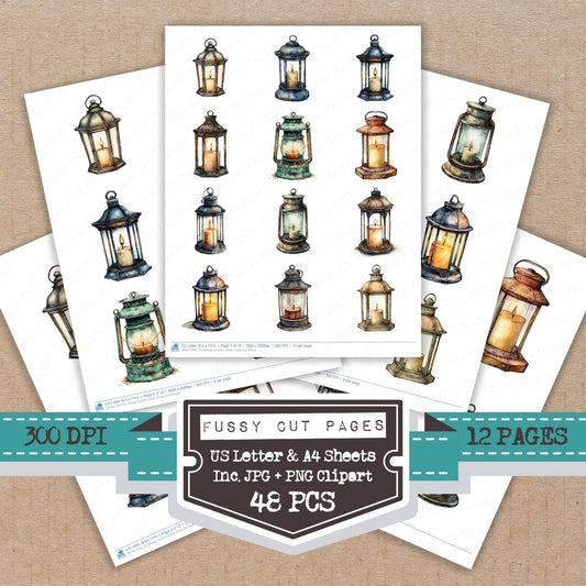 Vintage Candle Lantern fussy cut printable sheets for junk journaling, scrapbooking, and paper craft projects