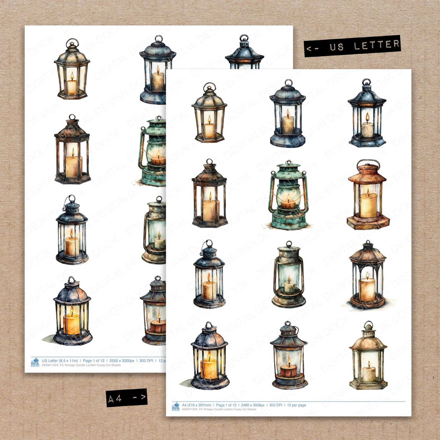 A4 and US Letter format comparison showing Vintage Candle Lantern fussy cut pages for print and cut crafting