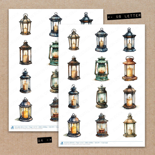 A4 and US Letter format comparison showing Vintage Candle Lantern fussy cut pages for print and cut crafting