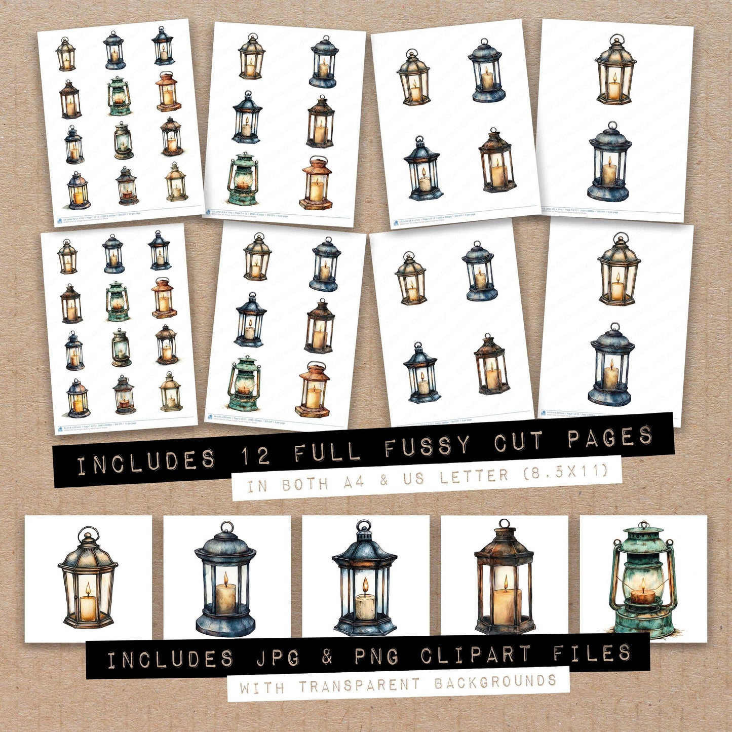 Full collection view of Vintage Candle Lantern fussy cut sheets with bonus clipart JPG and PNG files