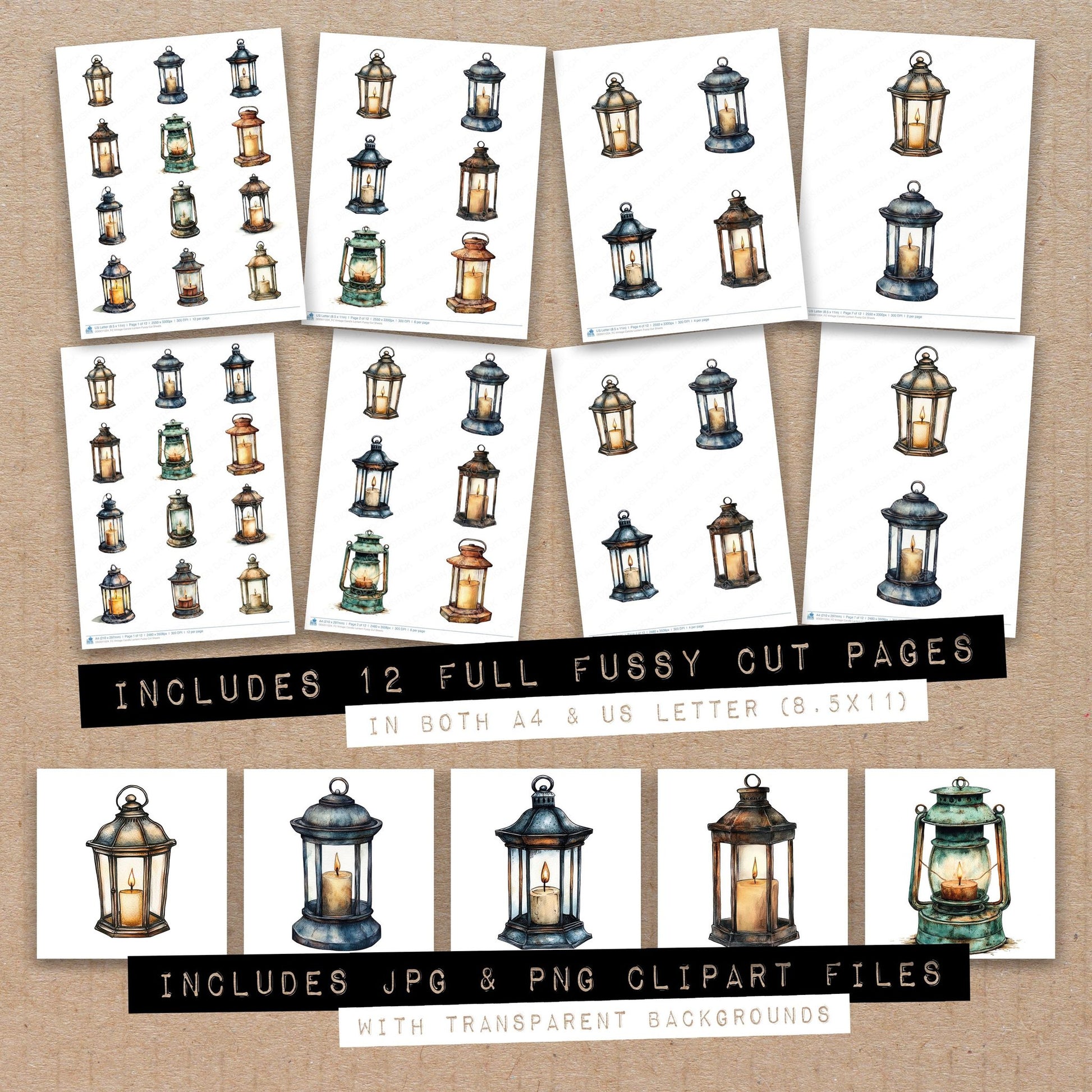 Full collection view of Vintage Candle Lantern fussy cut sheets with bonus clipart JPG and PNG files