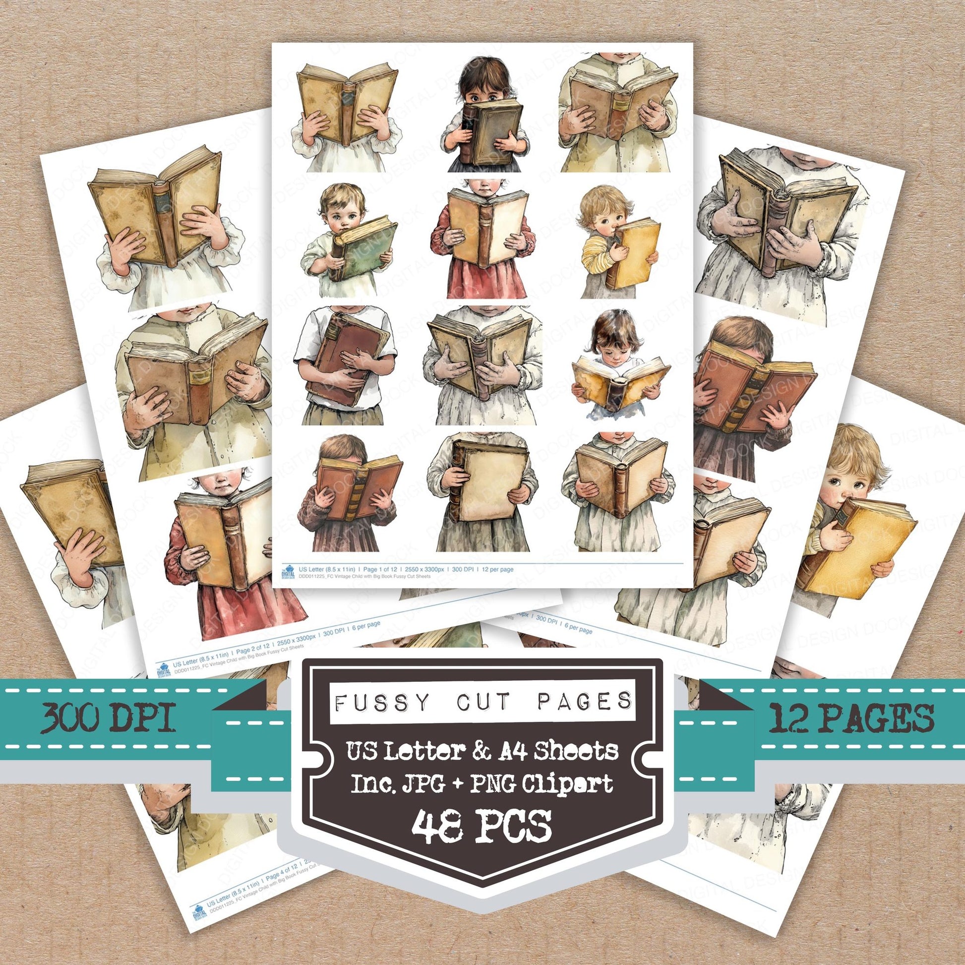 Vintage Child with Big Book fussy cut printable sheets for junk journaling, scrapbooking, and paper craft projects