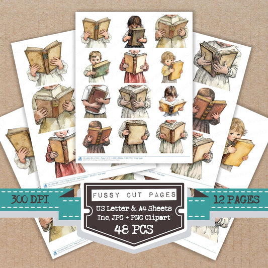 Vintage Child with Big Book fussy cut printable sheets for junk journaling, scrapbooking, and paper craft projects