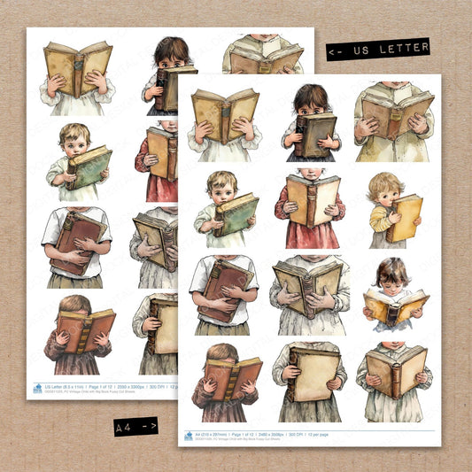 A4 and US Letter format comparison showing Vintage Child with Big Book fussy cut pages for print and cut crafting