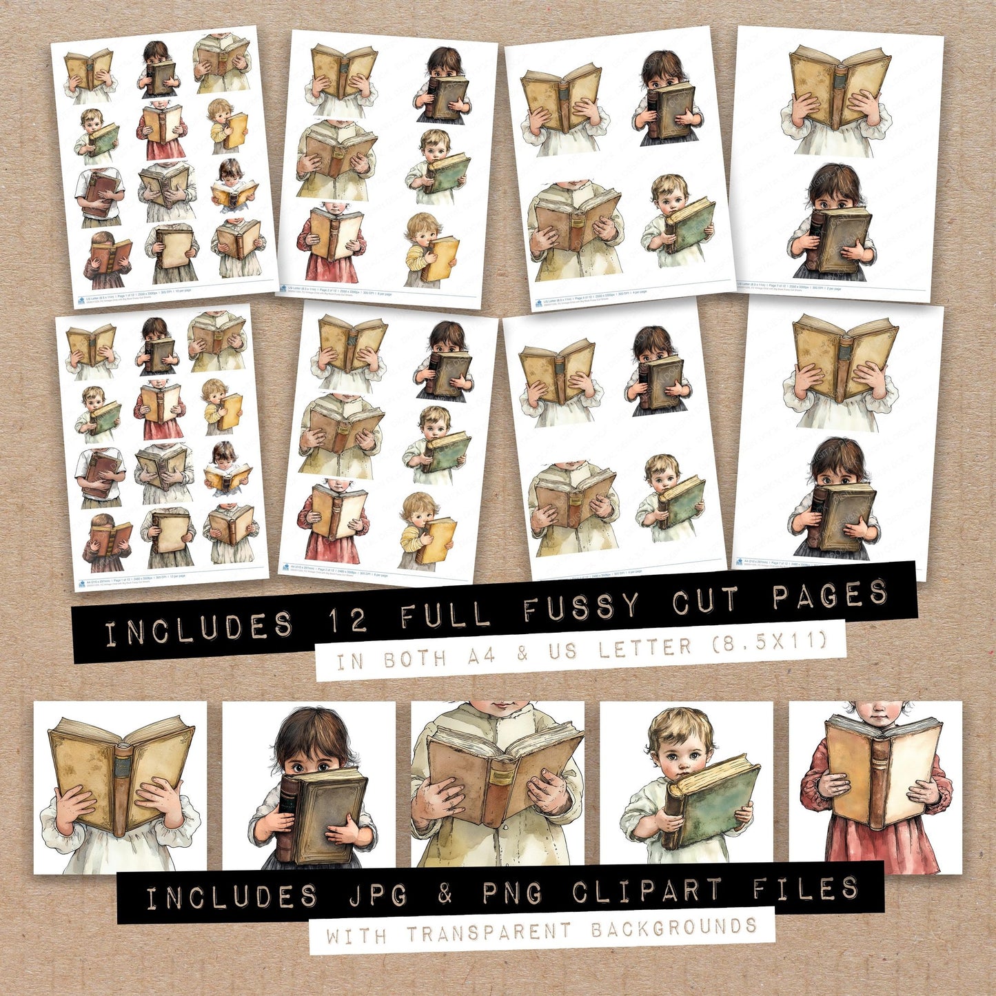 Full collection view of Vintage Child with Big Book fussy cut sheets with bonus clipart JPG and PNG files