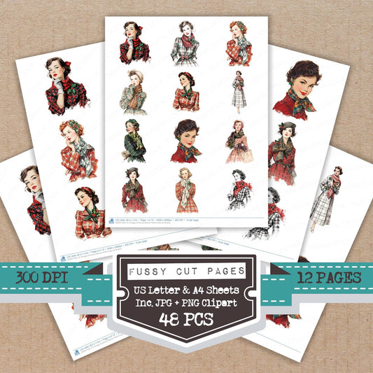 Vintage Christmas Woman Outfit Fussy Cut Sheets (DDD011226)