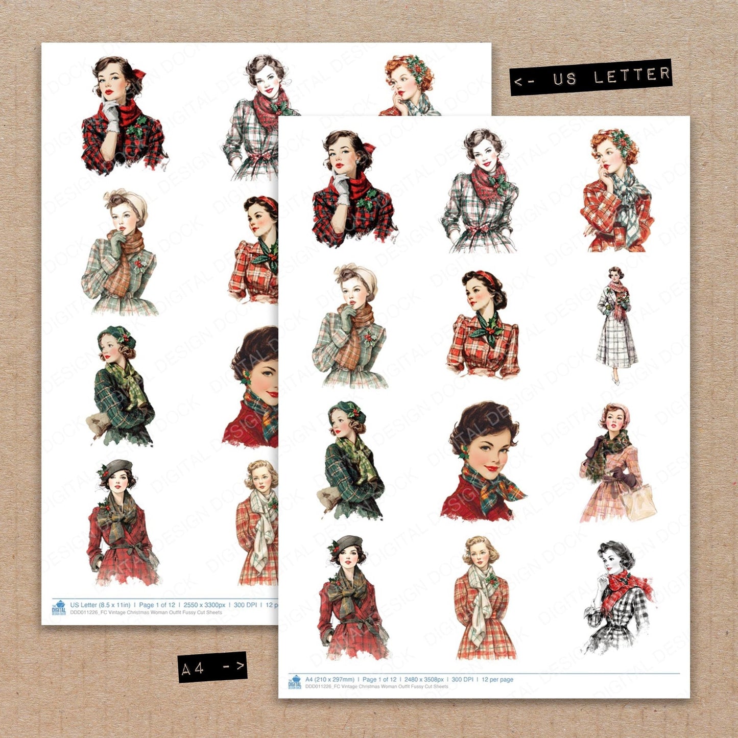 Vintage Christmas Woman Outfit Fussy Cut Sheets (DDD011226)