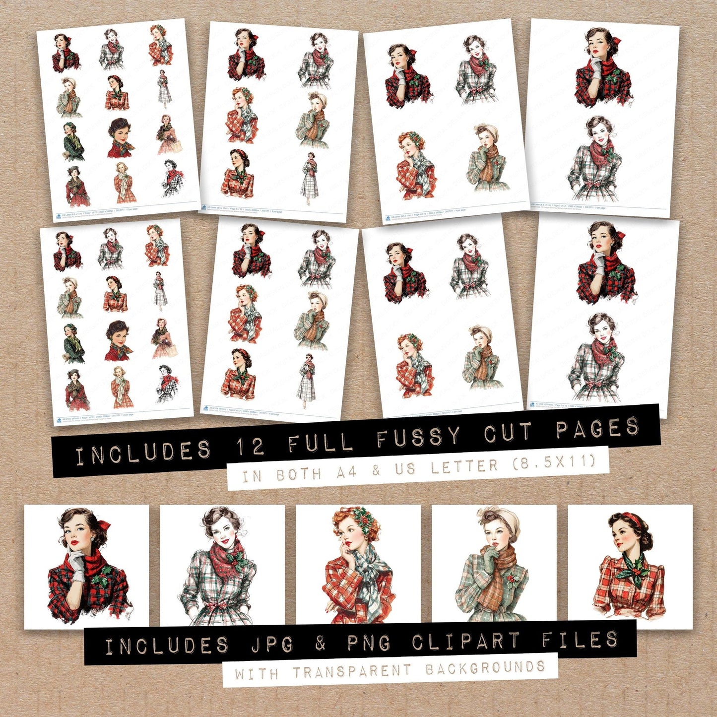 Vintage Christmas Woman Outfit Fussy Cut Sheets (DDD011226)