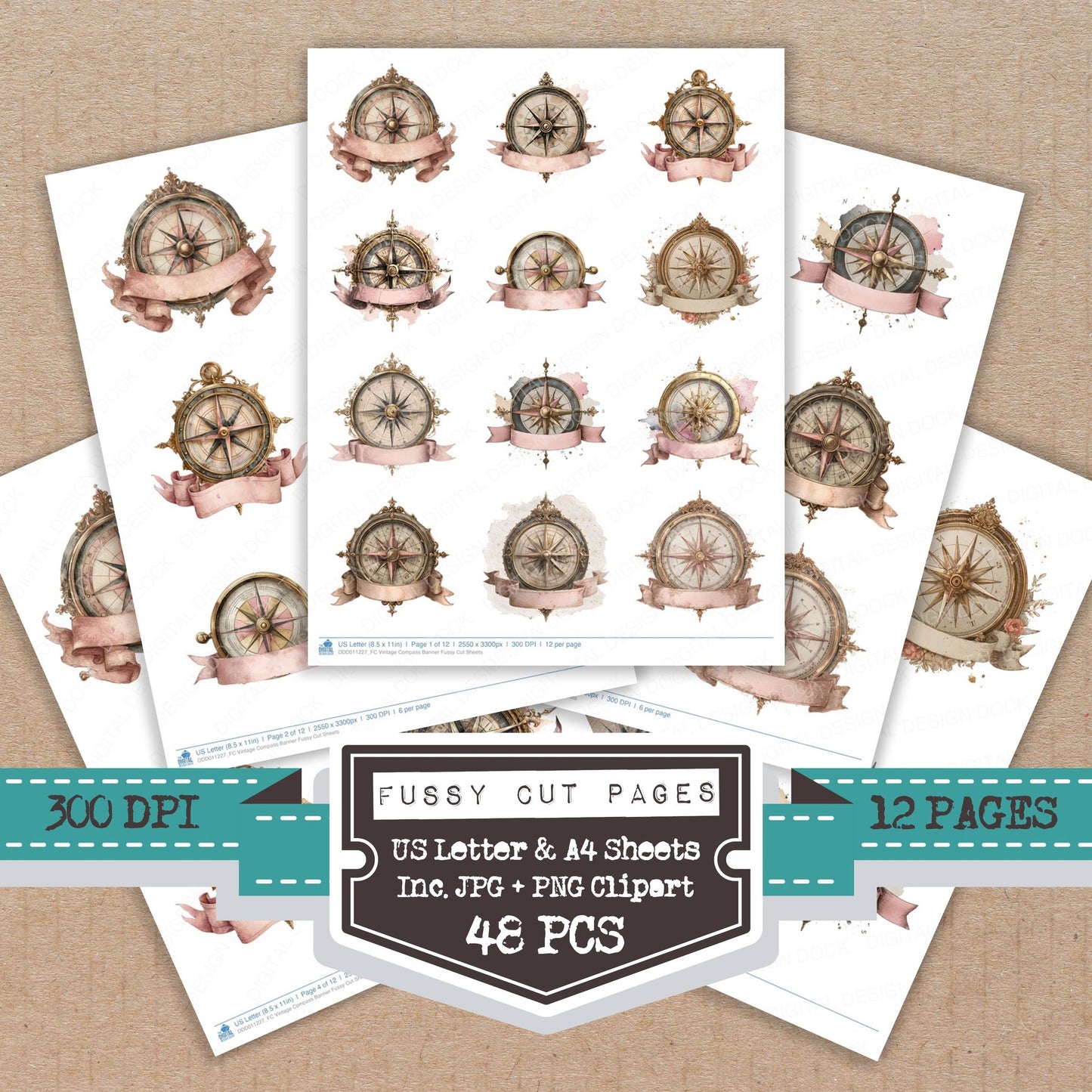 Vintage Compass Banner fussy cut printable sheets for junk journaling, scrapbooking, and paper craft projects