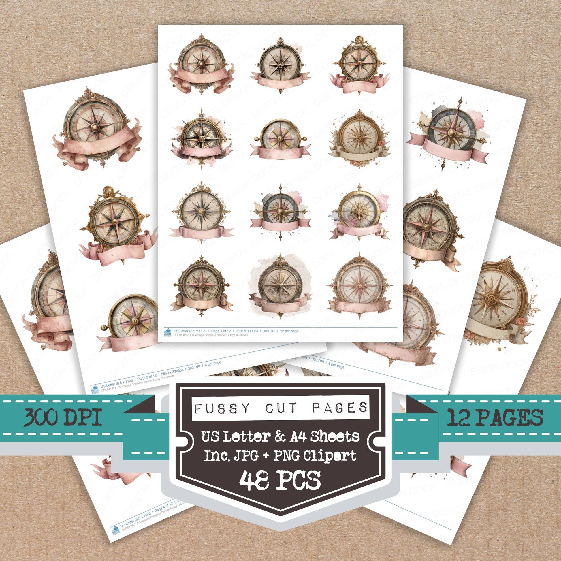 Vintage Compass Banner fussy cut printable sheets for junk journaling, scrapbooking, and paper craft projects