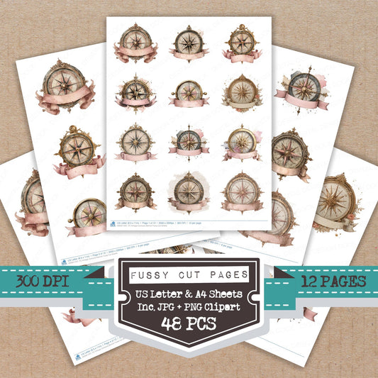 Vintage Compass Banner fussy cut printable sheets for junk journaling, scrapbooking, and paper craft projects