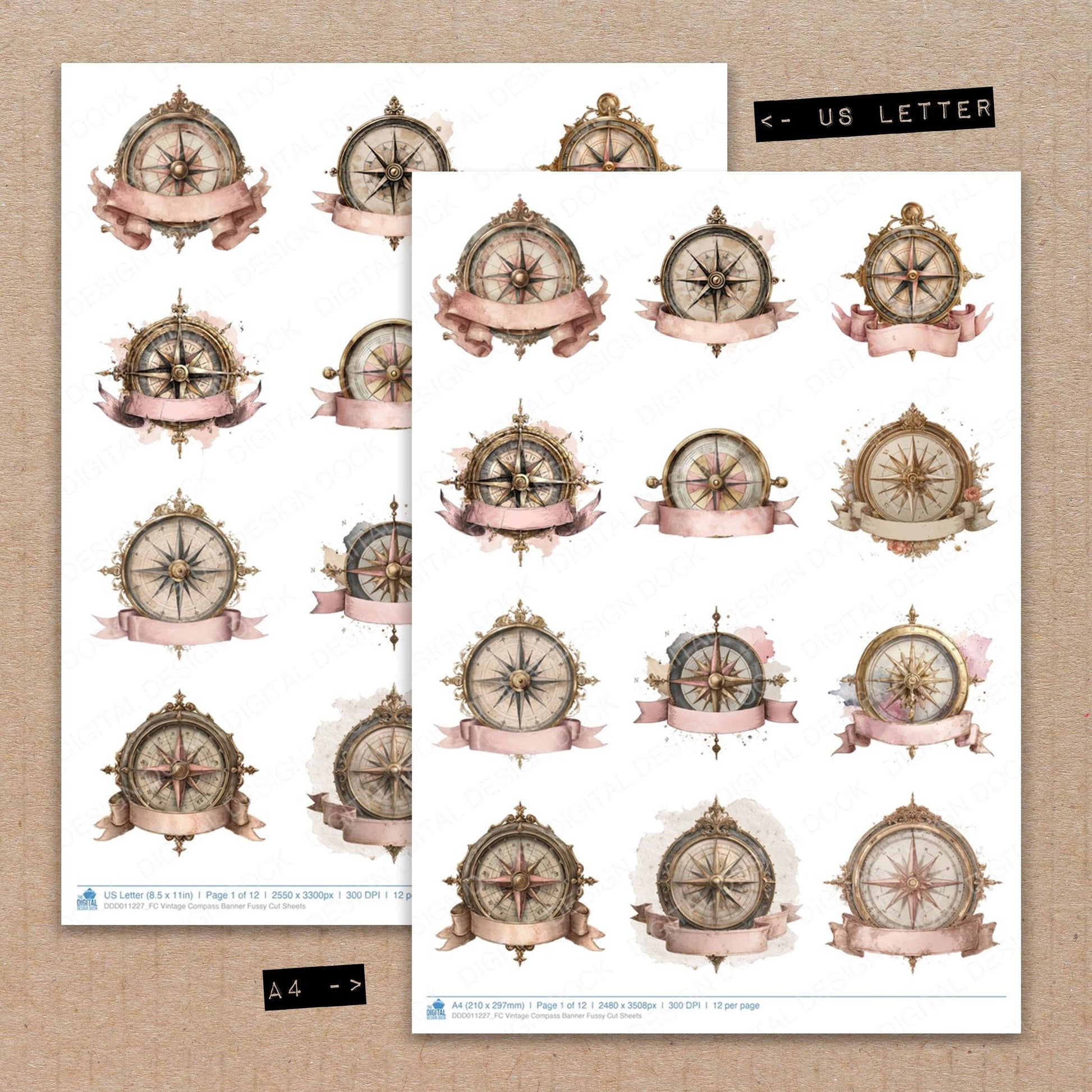 A4 and US Letter format comparison showing Vintage Compass Banner fussy cut pages for print and cut crafting