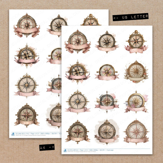 A4 and US Letter format comparison showing Vintage Compass Banner fussy cut pages for print and cut crafting