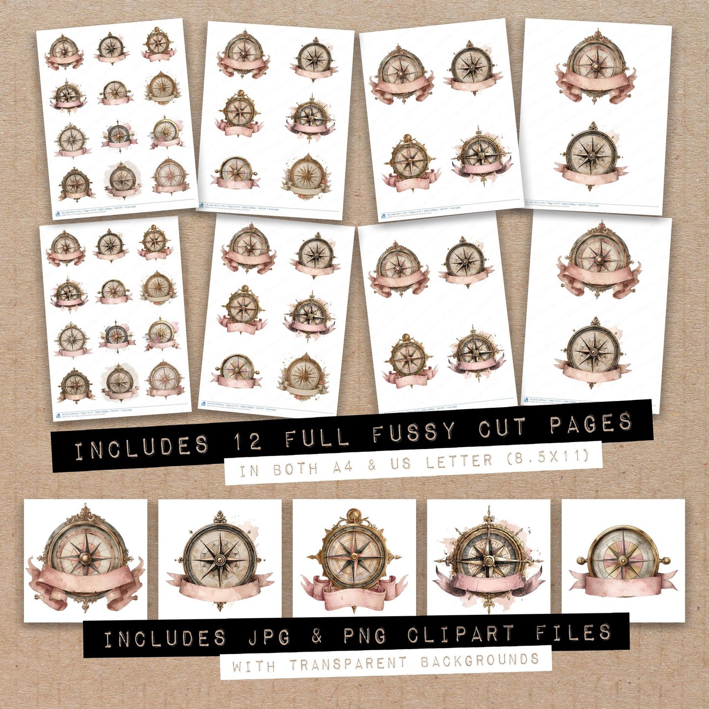 Full collection view of Vintage Compass Banner fussy cut sheets with bonus clipart JPG and PNG files
