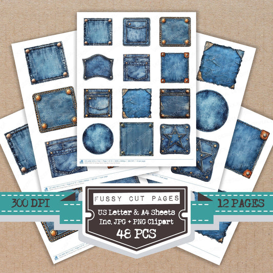 Vintage Denim Tag Sign fussy cut printable sheets for junk journaling, scrapbooking, and paper craft projects