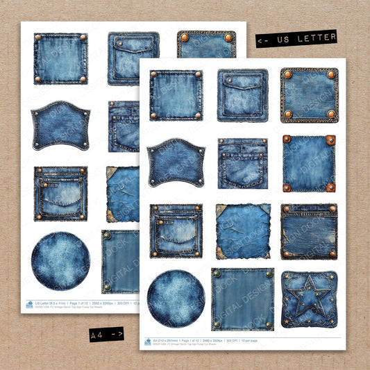 A4 and US Letter format comparison showing Vintage Denim Tag Sign fussy cut pages for print and cut crafting