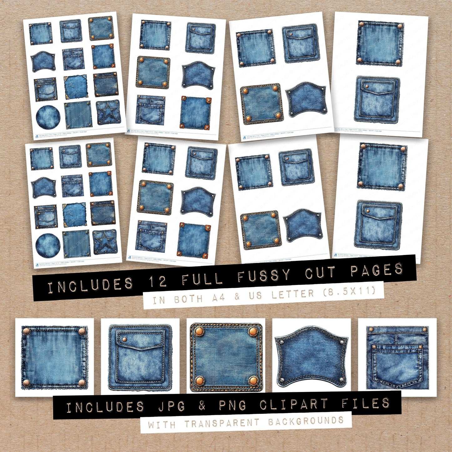 Full collection view of Vintage Denim Tag Sign fussy cut sheets with bonus clipart JPG and PNG files