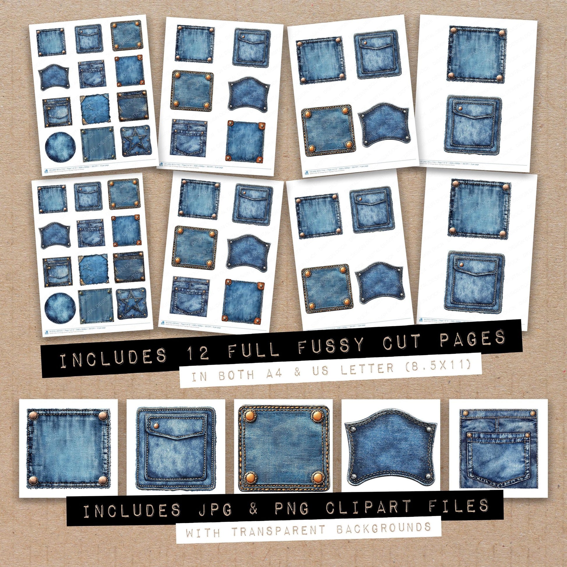 Full collection view of Vintage Denim Tag Sign fussy cut sheets with bonus clipart JPG and PNG files