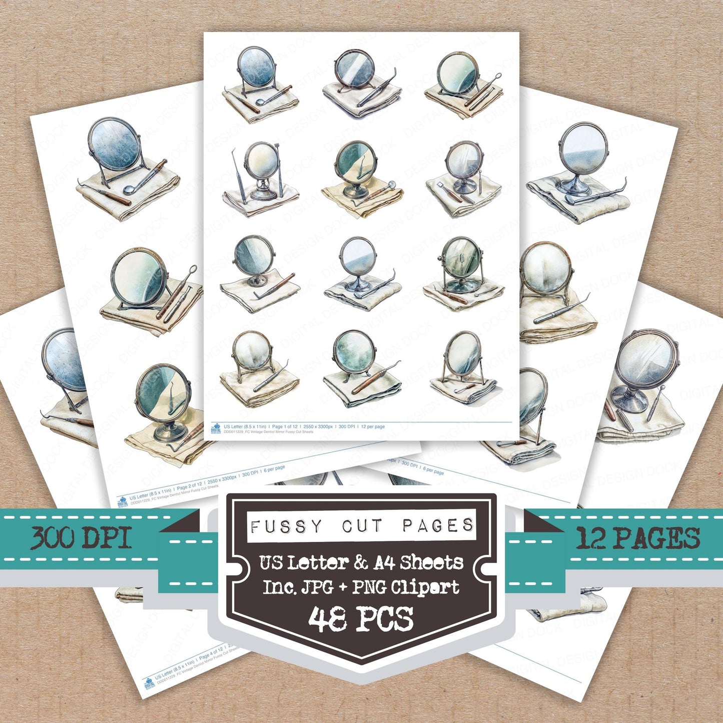 Vintage Dentist Mirror fussy cut printable sheets for junk journaling, scrapbooking, and paper craft projects