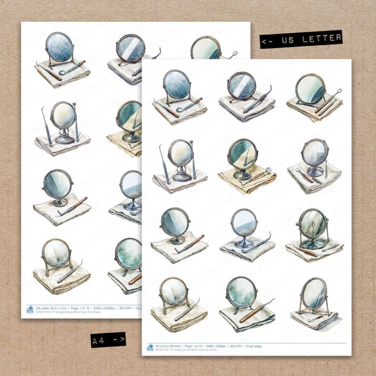 A4 and US Letter format comparison showing Vintage Dentist Mirror fussy cut pages for print and cut crafting