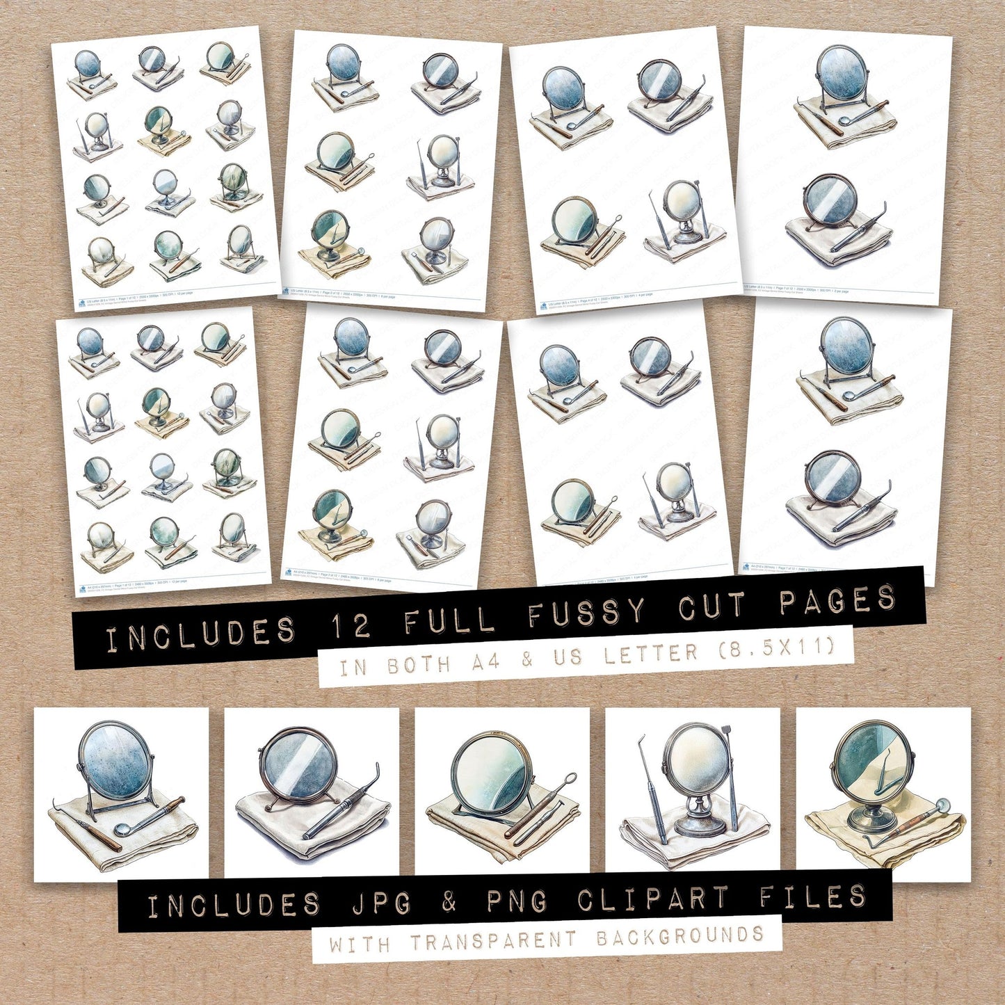 Full collection view of Vintage Dentist Mirror fussy cut sheets with bonus clipart JPG and PNG files