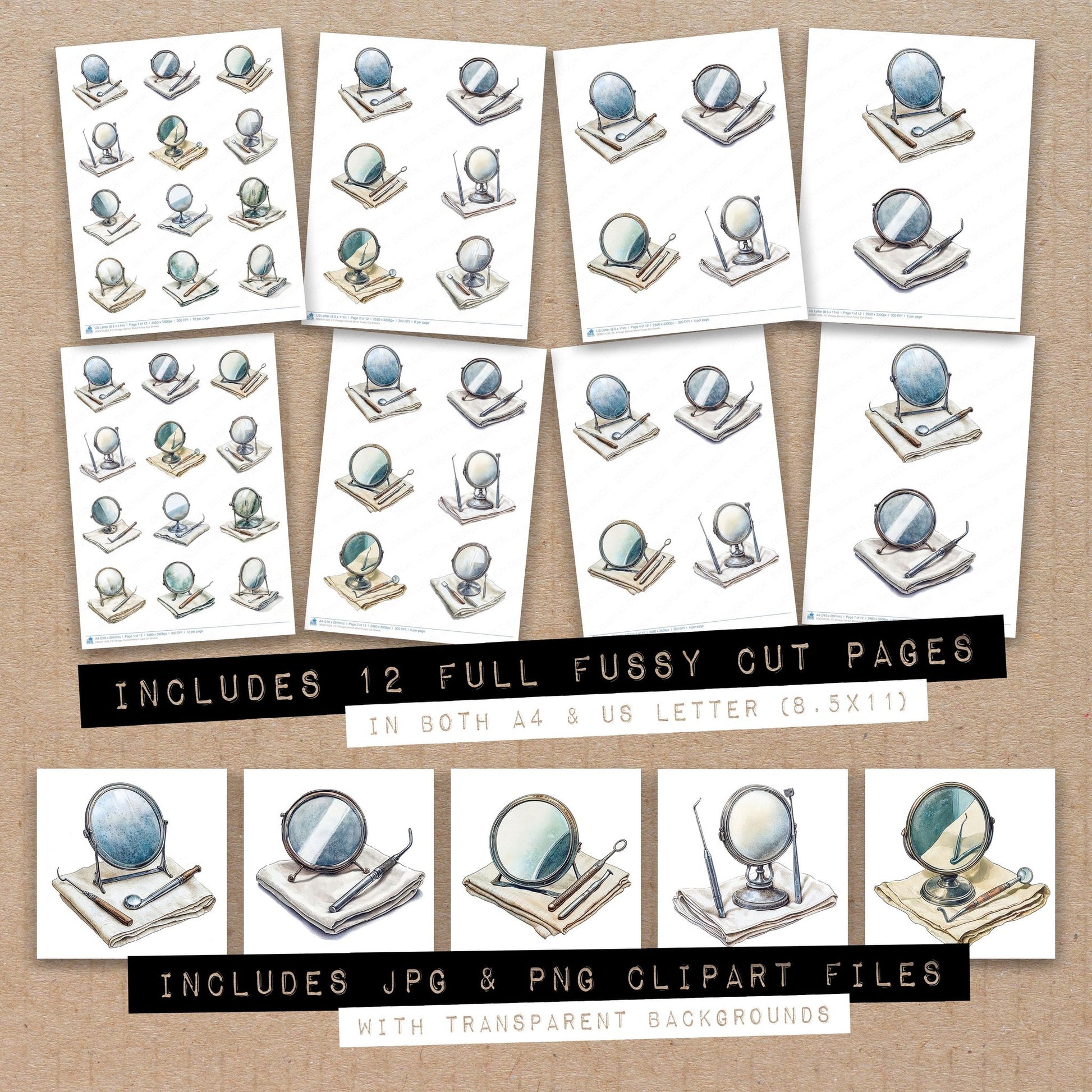 Full collection view of Vintage Dentist Mirror fussy cut sheets with bonus clipart JPG and PNG files