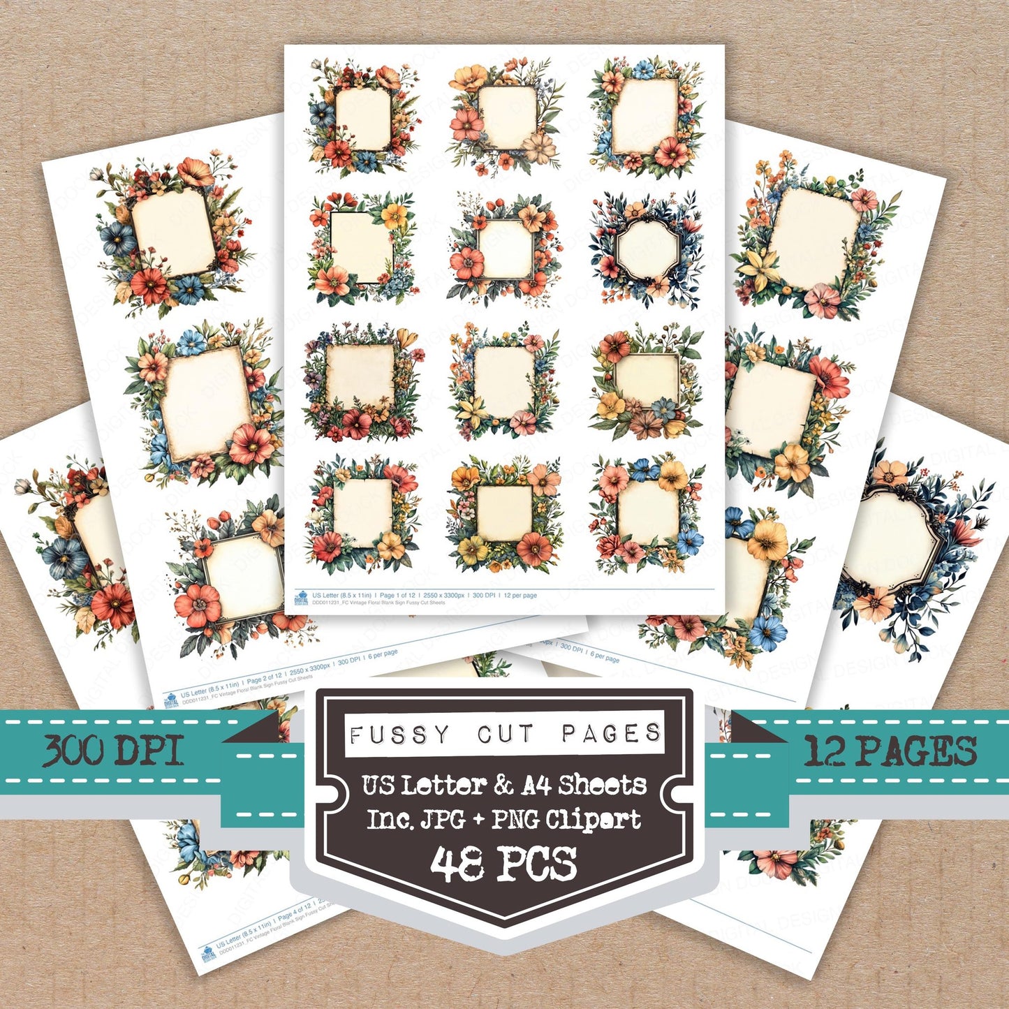 Vintage Floral Blank Sign fussy cut printable sheets for junk journaling, scrapbooking, and paper craft projects