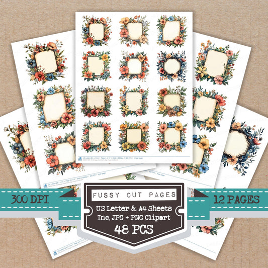 Vintage Floral Blank Sign fussy cut printable sheets for junk journaling, scrapbooking, and paper craft projects