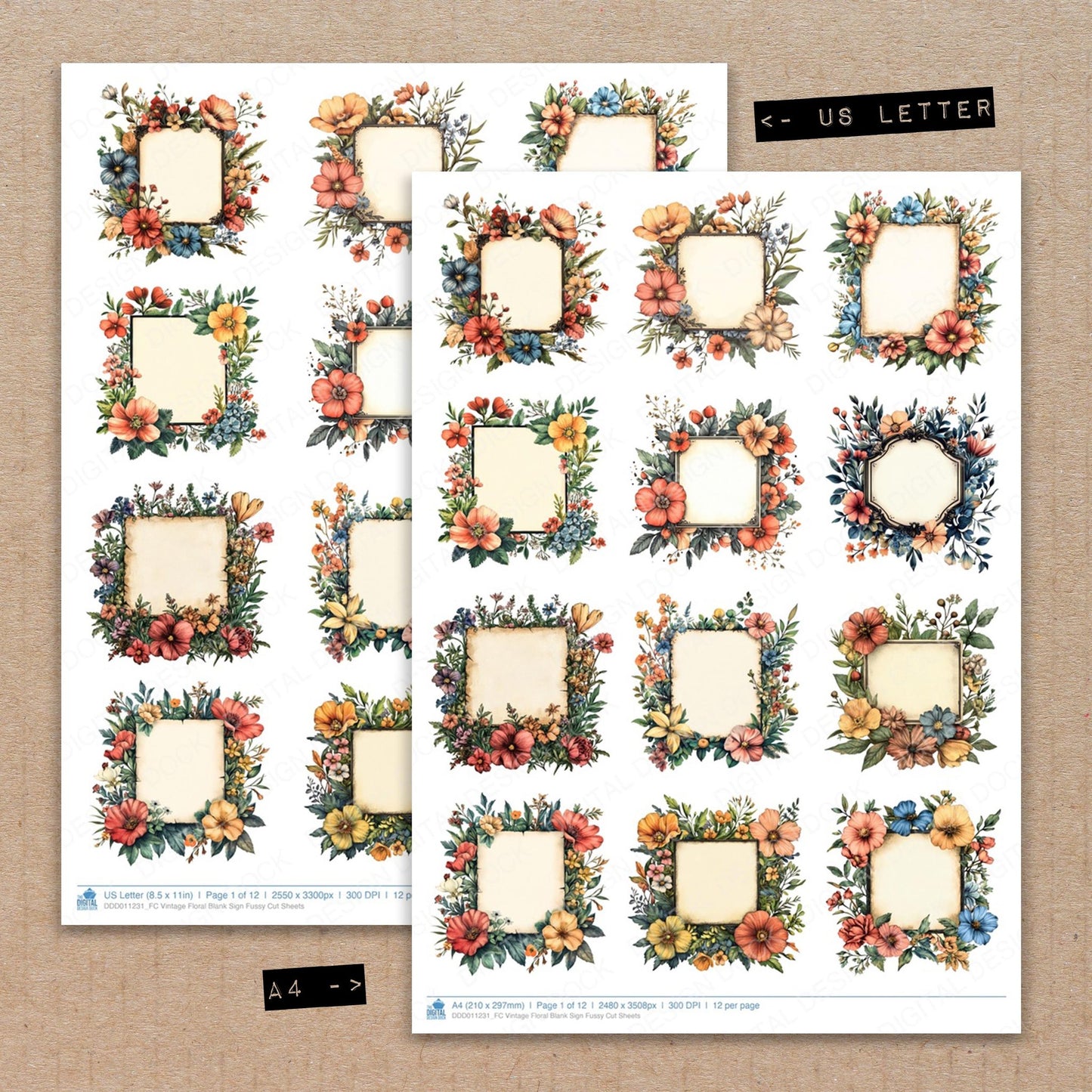A4 and US Letter format comparison showing Vintage Floral Blank Sign fussy cut pages for print and cut crafting