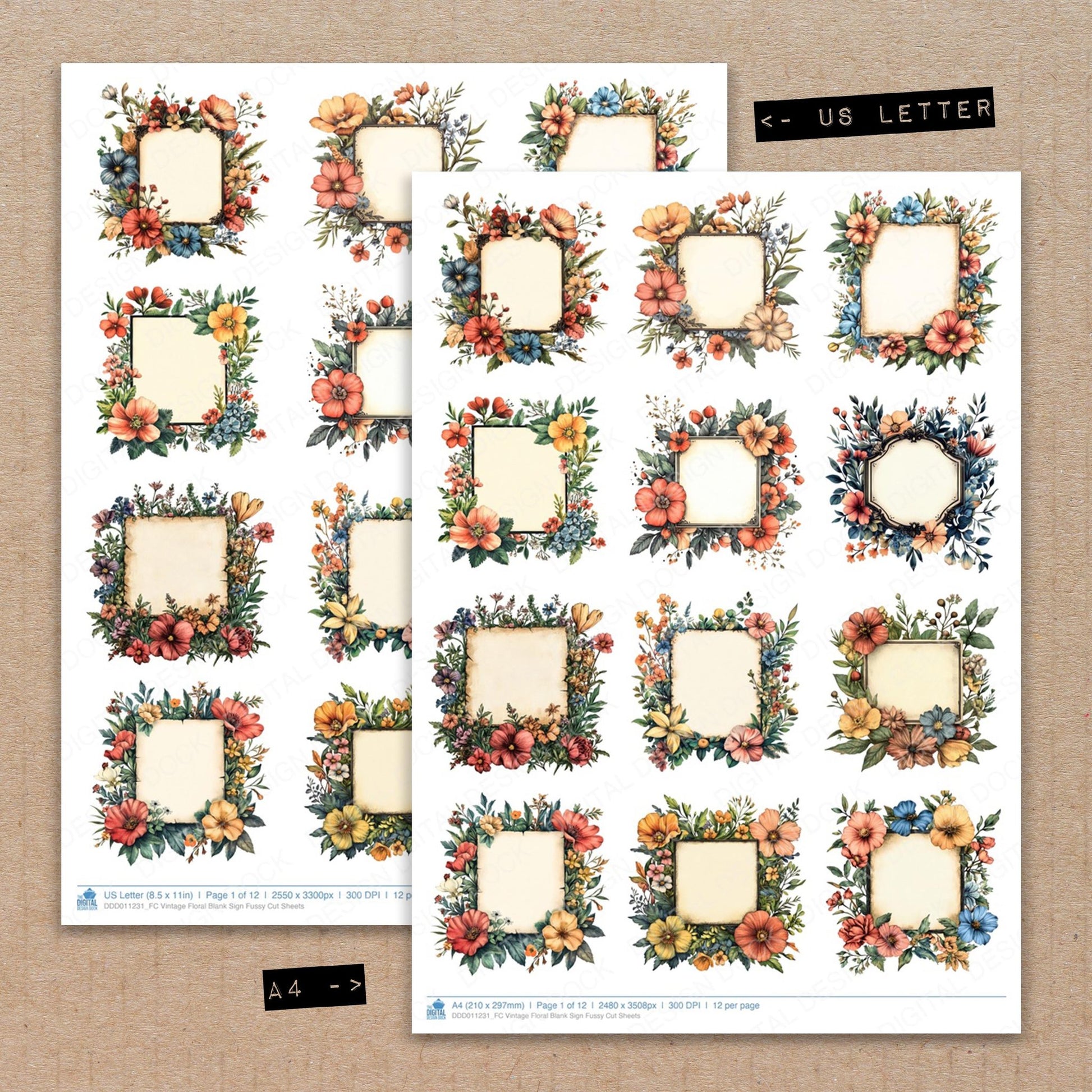 A4 and US Letter format comparison showing Vintage Floral Blank Sign fussy cut pages for print and cut crafting