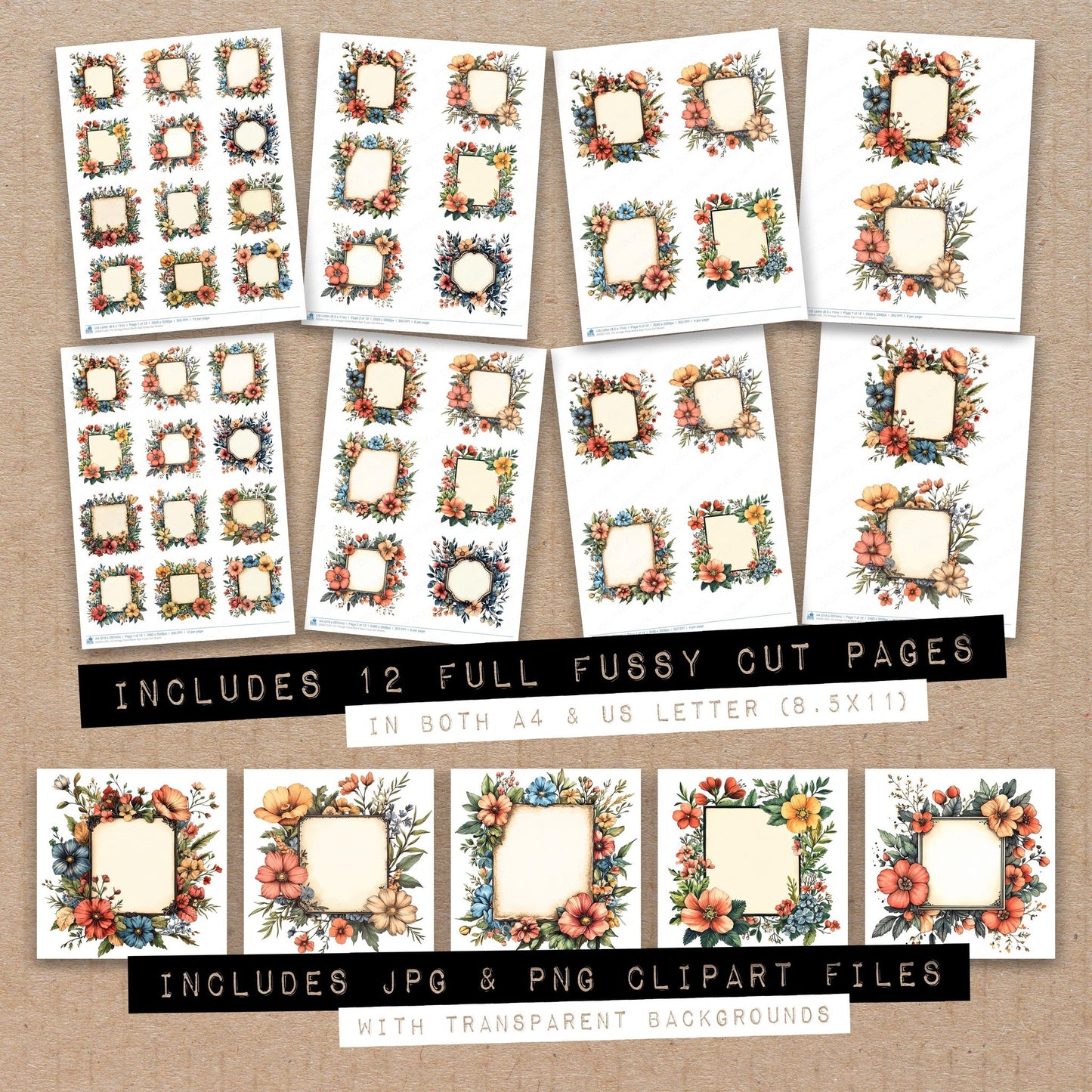 Full collection view of Vintage Floral Blank Sign fussy cut sheets with bonus clipart JPG and PNG files