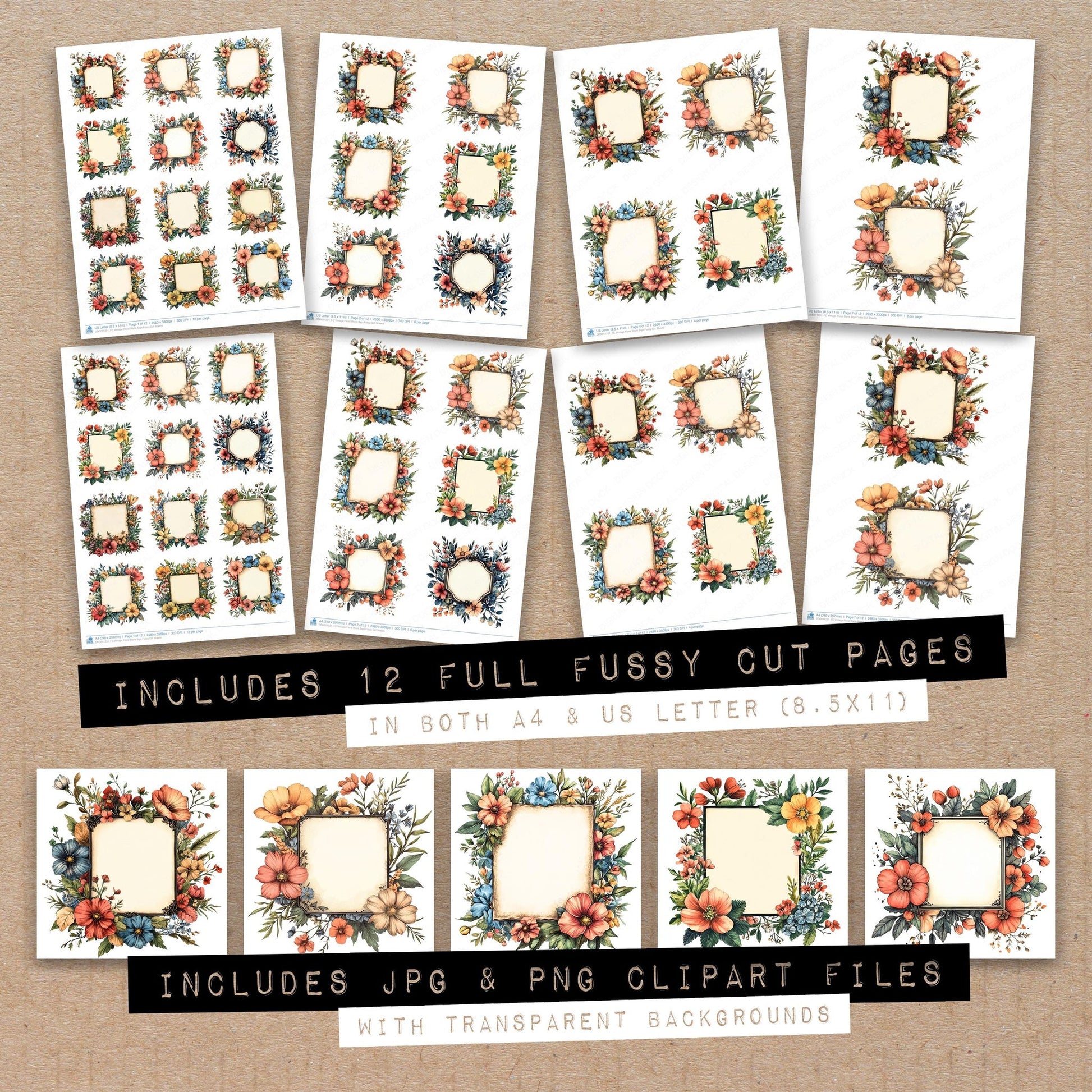 Full collection view of Vintage Floral Blank Sign fussy cut sheets with bonus clipart JPG and PNG files