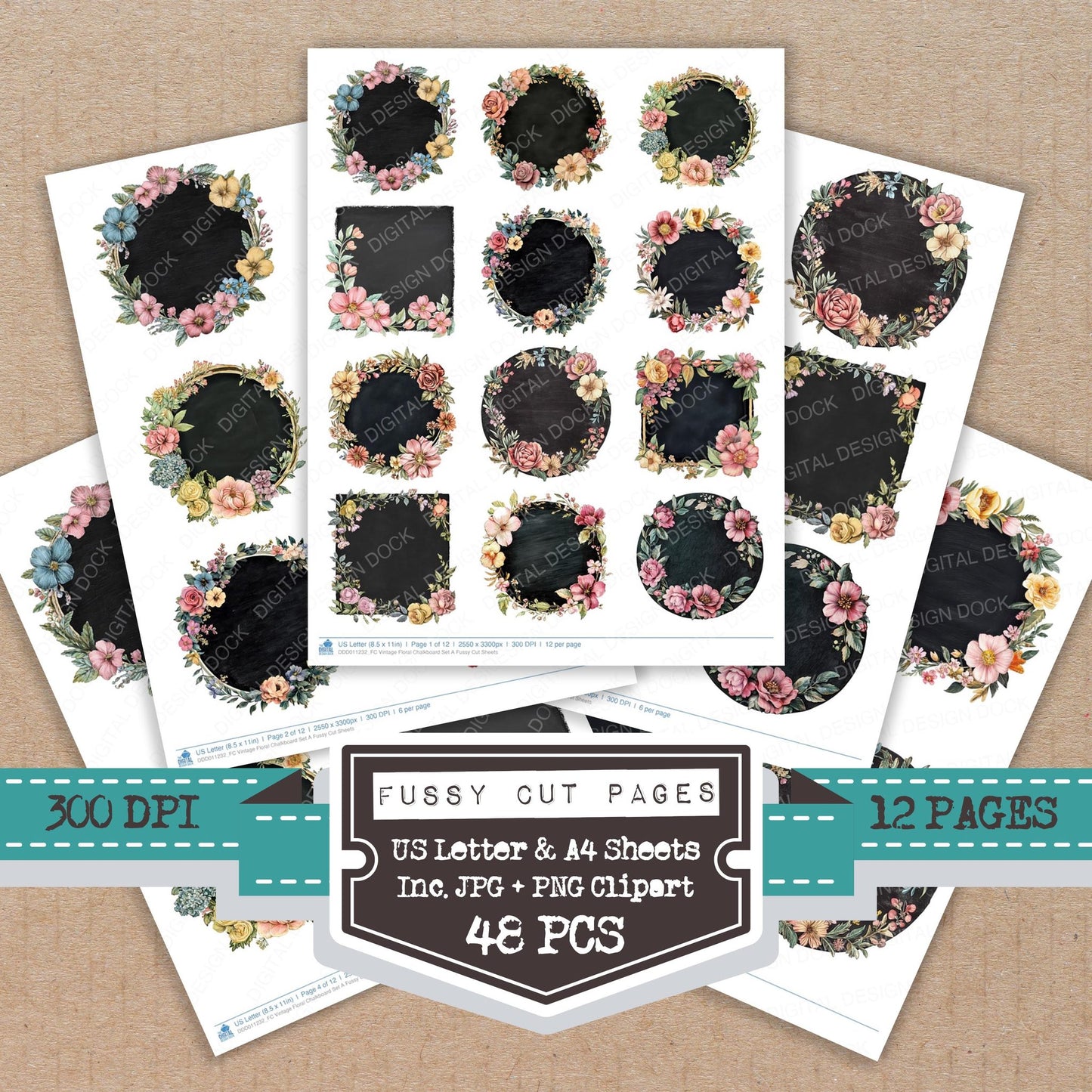 Vintage Floral Chalkboard A fussy cut printable sheets for junk journaling, scrapbooking, and paper craft projects