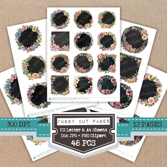 Vintage Floral Chalkboard A fussy cut printable sheets for junk journaling, scrapbooking, and paper craft projects