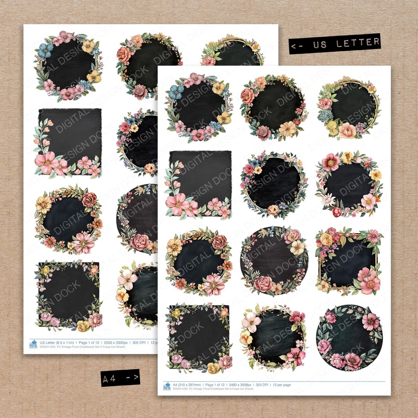 A4 and US Letter format comparison showing Vintage Floral Chalkboard A fussy cut pages for print and cut crafting