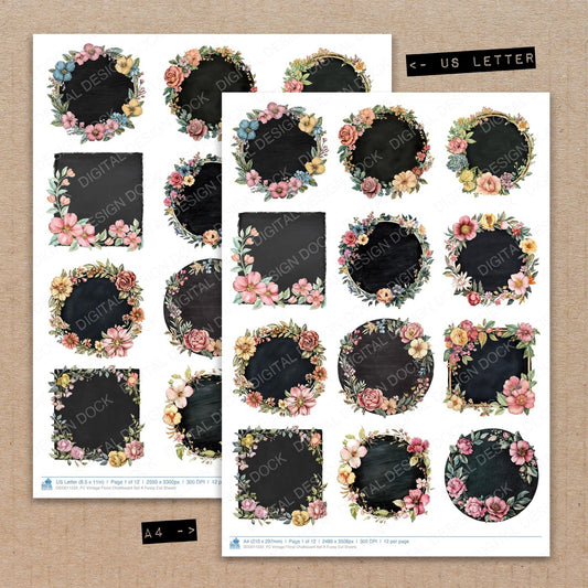 A4 and US Letter format comparison showing Vintage Floral Chalkboard A fussy cut pages for print and cut crafting